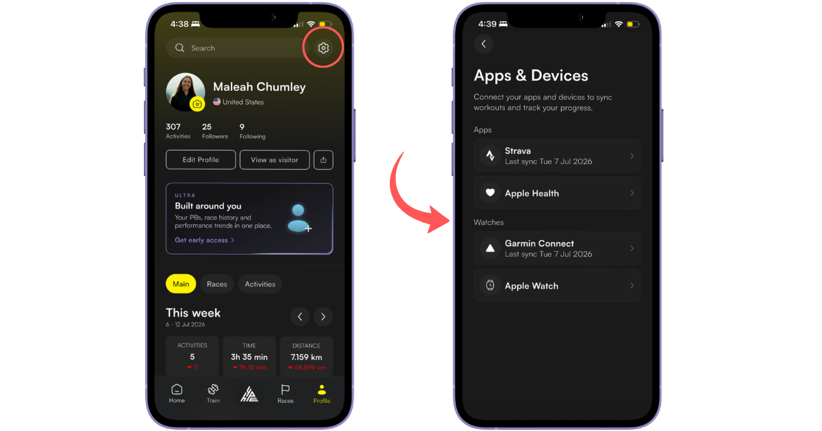 Profile > Apps & Devices showing Apple Watch option