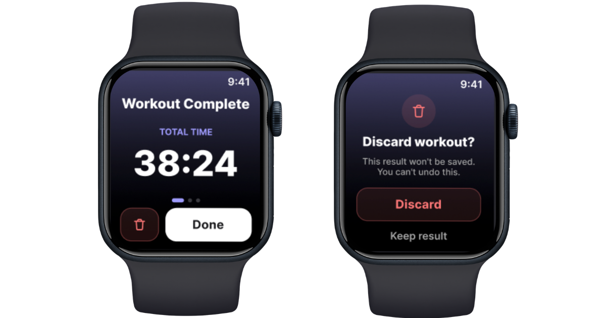 Apple Watch Workout Complete and Discard workout screens