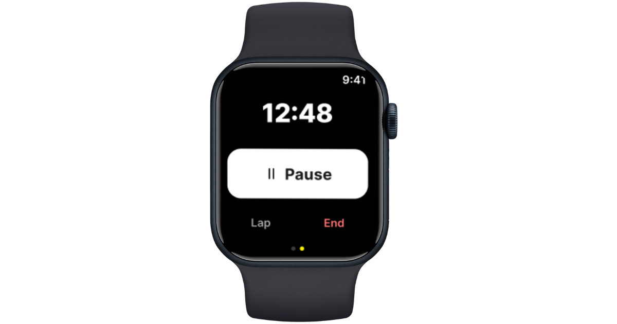 Apple Watch mid-workout with Pause, Lap, and End controls