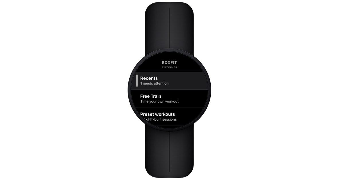 Garmin watch ROXFIT app home screen with Recents, Free Train, and Preset workouts