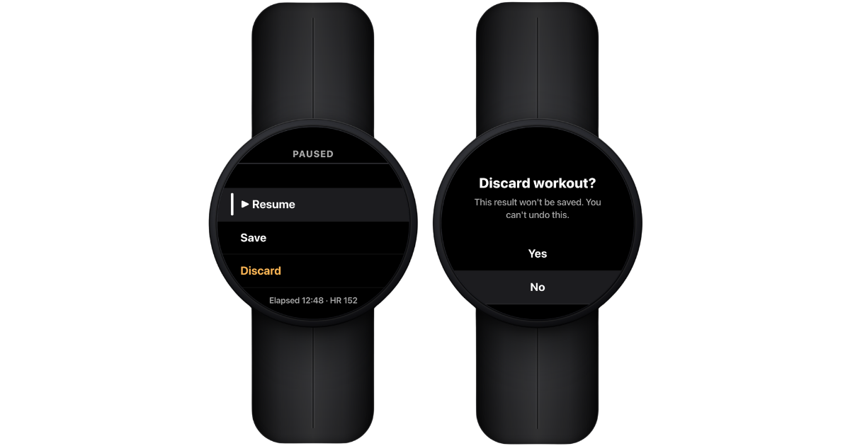 Garmin watch Paused menu and Discard workout confirmation
