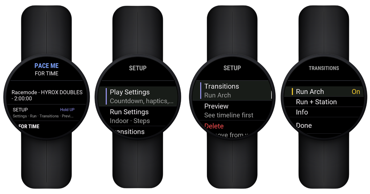 Garmin watch Race Goals Setup screen, and the Setup, Run Settings, and Transitions menus with Run Arch selected