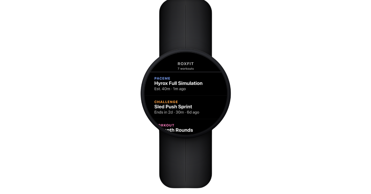 Garmin watch ROXFIT workout list with PaceMe, Challenge, and Workout items