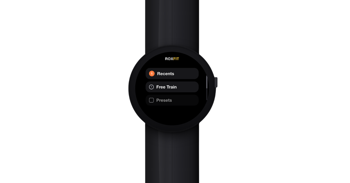 Wear OS watch home menu with Recents, Free Train, and Presets