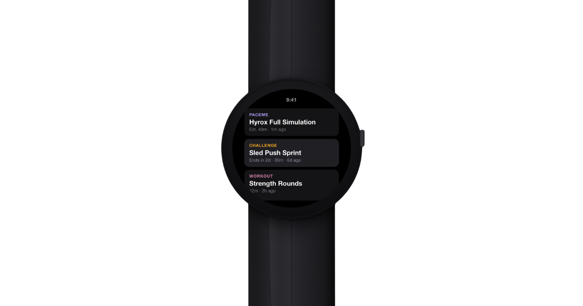Wear OS watch ROXFIT workout list with PaceMe, Challenge, and Workout items